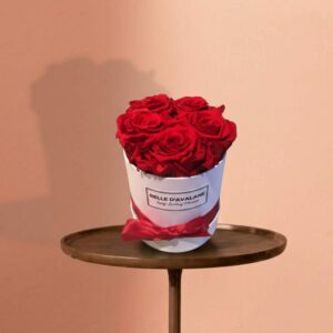 5 rode eternal rozen in een witte flowerbox